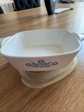Corningware White Mini Baking Casserole with plastic lid with Blue Floral Motif
